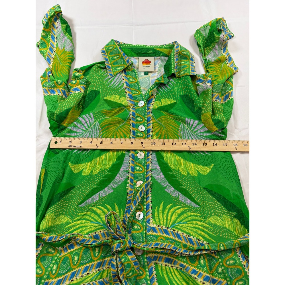 Farm Rio Macaw Scarf Chemise Tropical Parrot Green Midi Shirt Dress Belted S - Picture 10 of 14